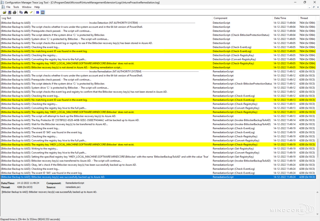 Migrate Bitlocker recovery key(s) to Azure AD - Log output.