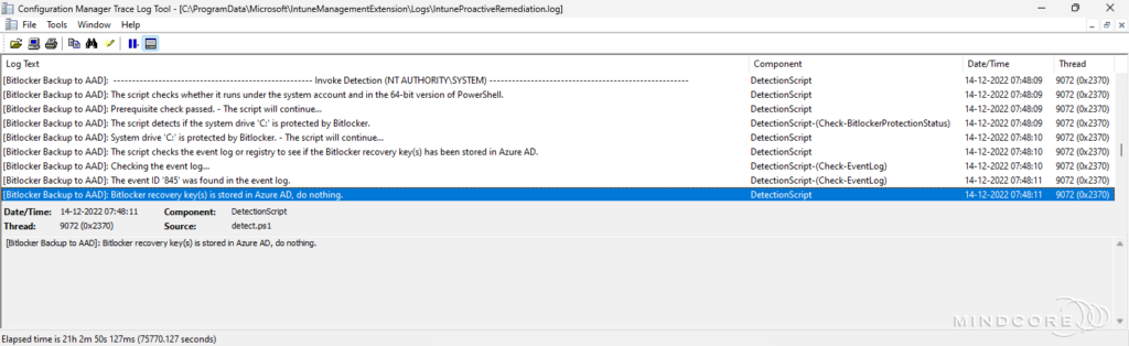 Migrate Bitlocker recovery key(s) to Azure AD - Log output.