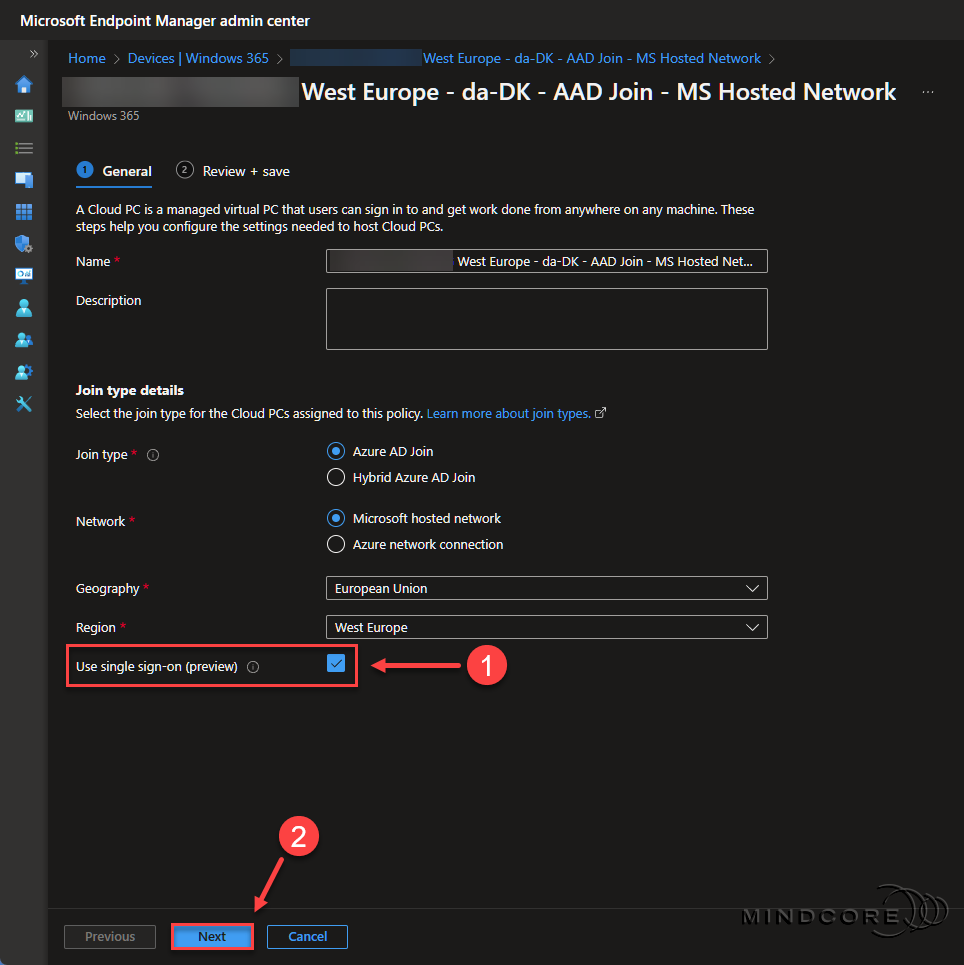 Enable SSO in the Windows 365 provisioning policy.