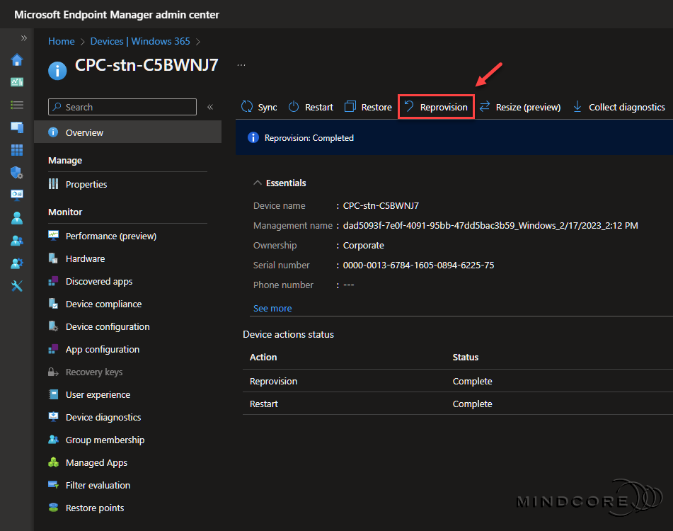 Microsoft Intune - Reprovision the Cloud PC