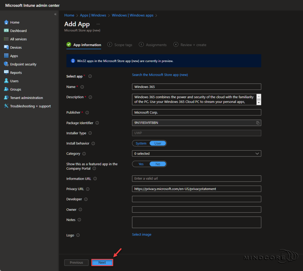 Microsoft Intune - Windows 365 app deployment.