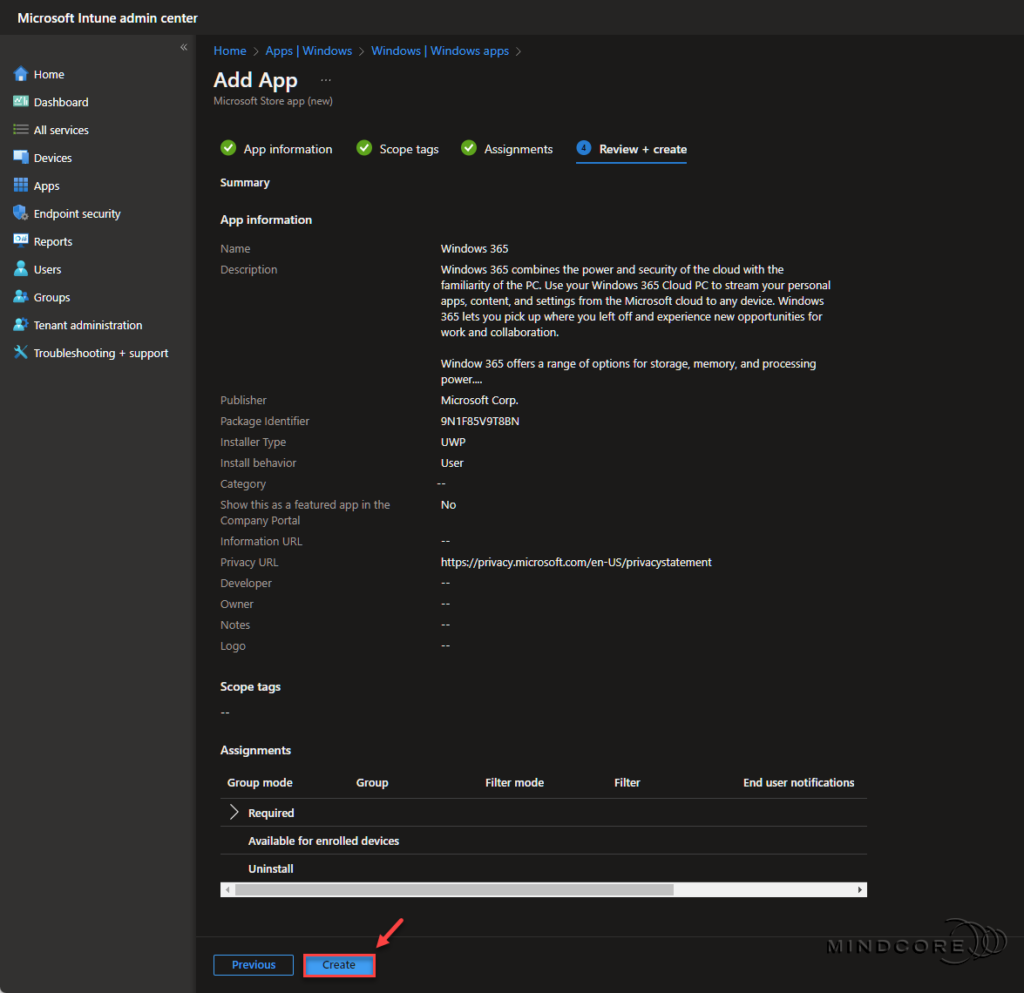 Microsoft Intune - Windows 365 app deployment.
