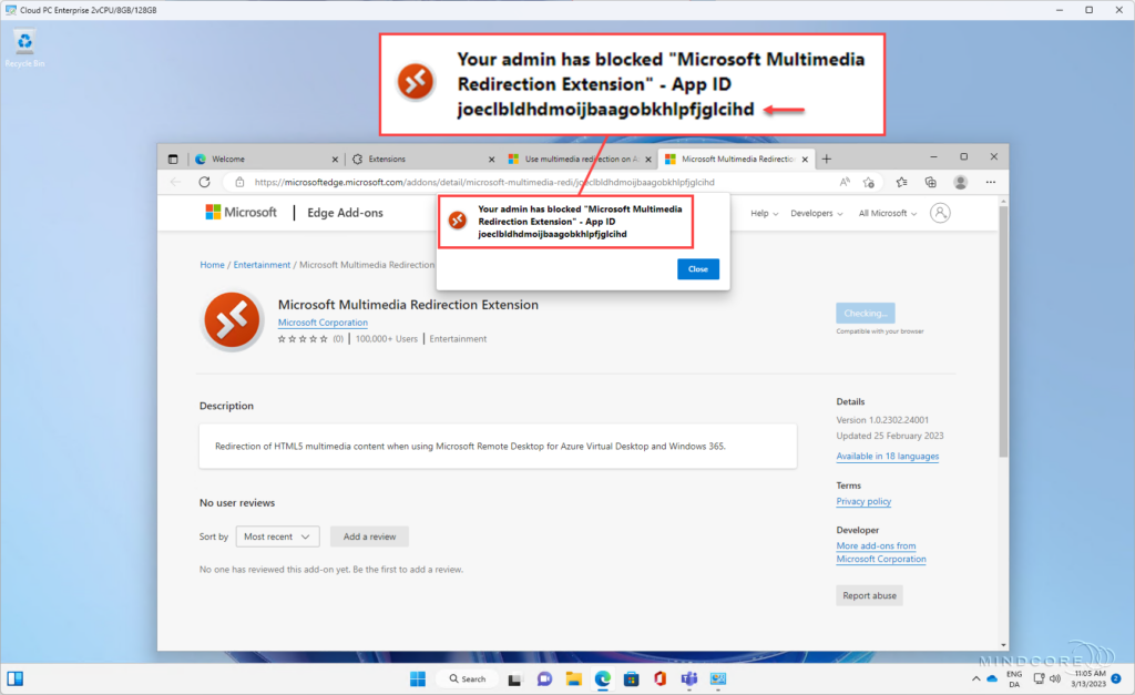 Windows 365 - Extension Blocked