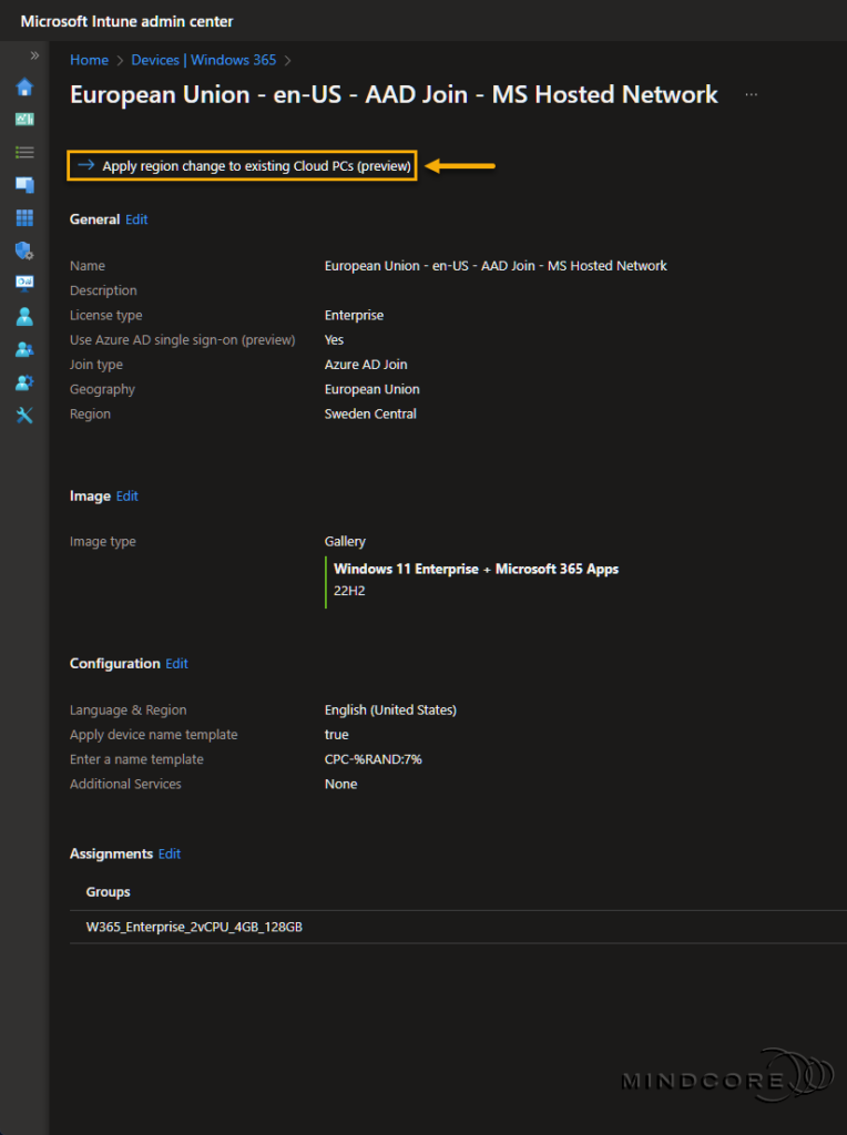Apply region change to existing Cloud PCs