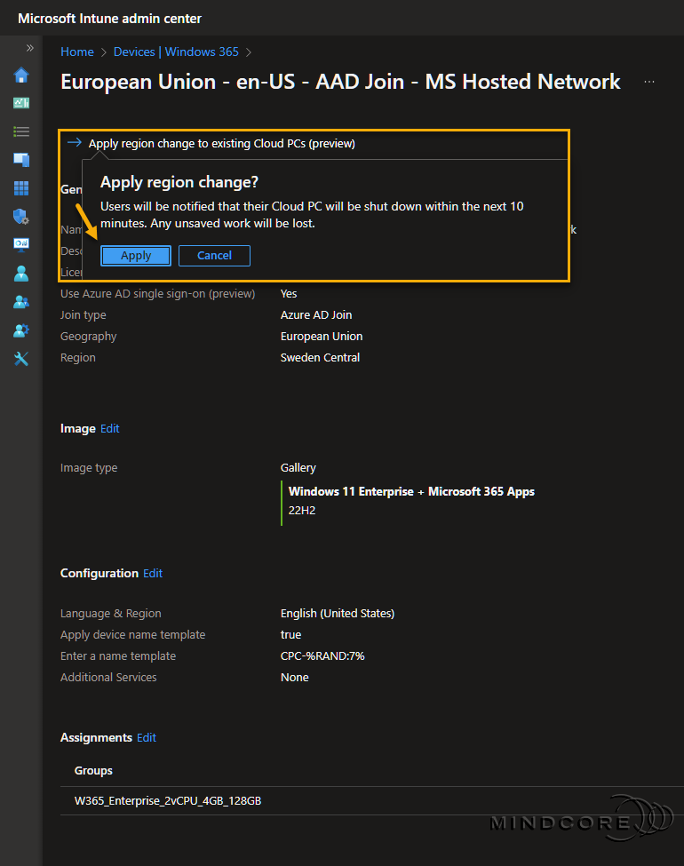Apply region change to existing Cloud PCs